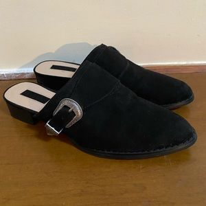 Forever 21 Suede Black Mules w/ Silver Etched Buckles
